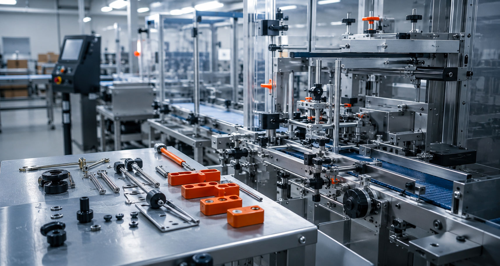 Linea di confezionamento industriale con componenti e utensili predisposti per ridurre i tempi di setup e cambio formato.