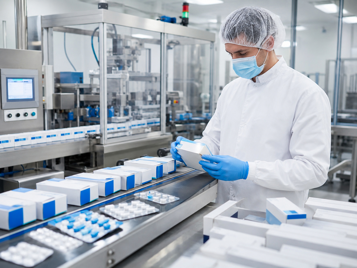 Operatore controlla confezioni di medicinali su una linea di confezionamento farmaceutico GMP.