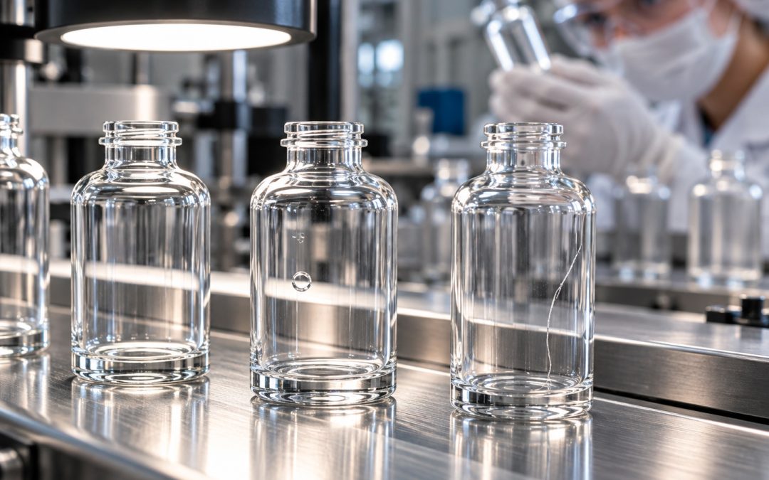 Controllo qualità di flaconi in vetro per il settore farmaceutico, con individuazione di bolle d'aria, cricche e imperfezioni superficiali.